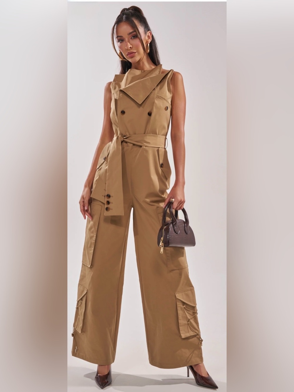 Sleeveless Utility Jumpsuit in Camel with Belt